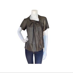 Gold Black Asymmetrical Pussy Bow Tie Blouse.